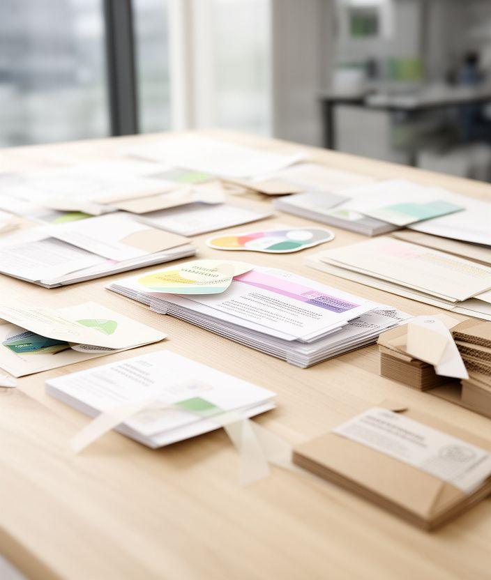 Zertifikate und Verpackungsmaterialien auf einem hellen Holztisch im Nachhaltigkeitsbüro von KeraStride Innovations