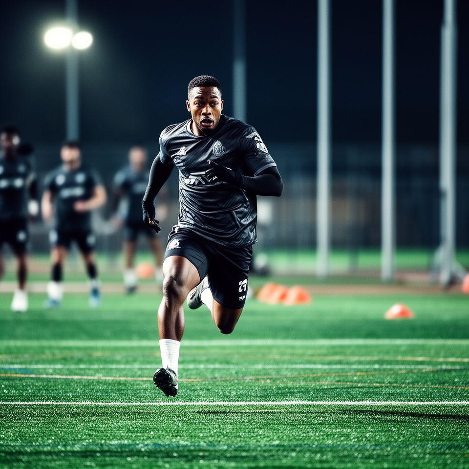Profifussballer beim Tempolauf auf einem Trainingsplatz mit Lichtern und Teamkollegen im Hintergrund