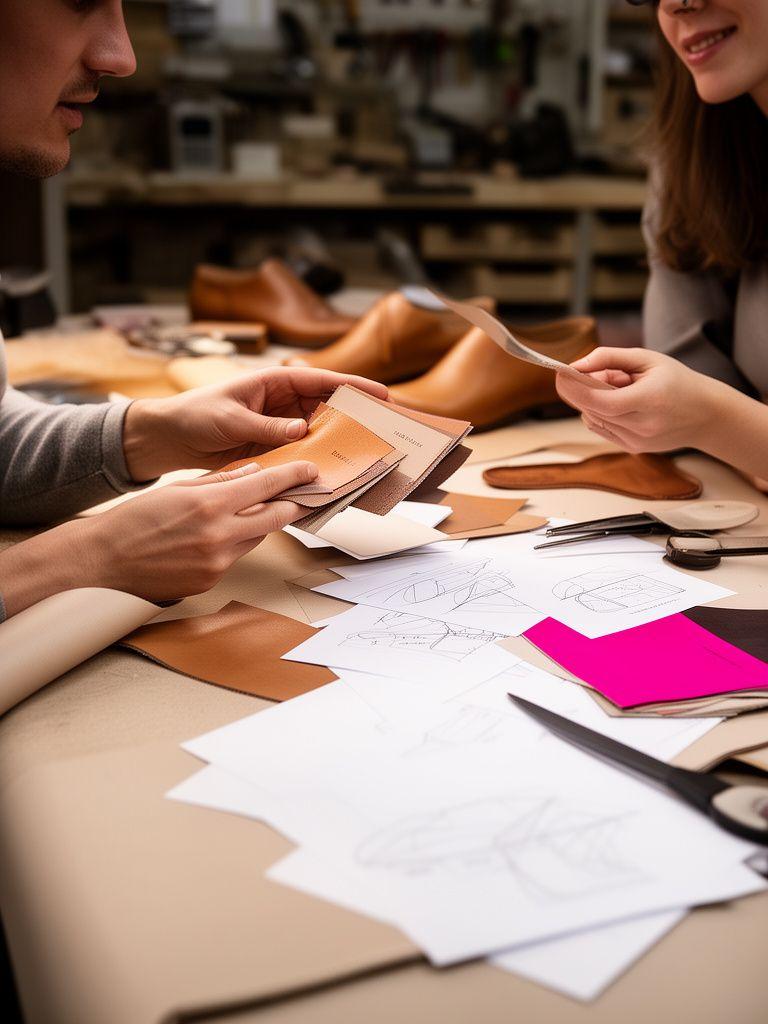 Beratungsgespräch in einer Zürcher Schuhmanufaktur mit Lederproben und Skizzen auf dem Tisch