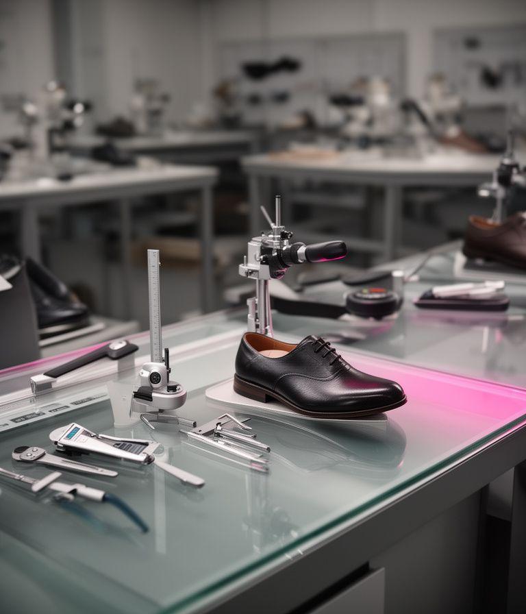 Blick auf eine moderne Schuhmanufaktur in Zürich mit gläsernen Arbeitsflächen, präzisen Messinstrumenten und einem ruhigen, professionellen Ambiente