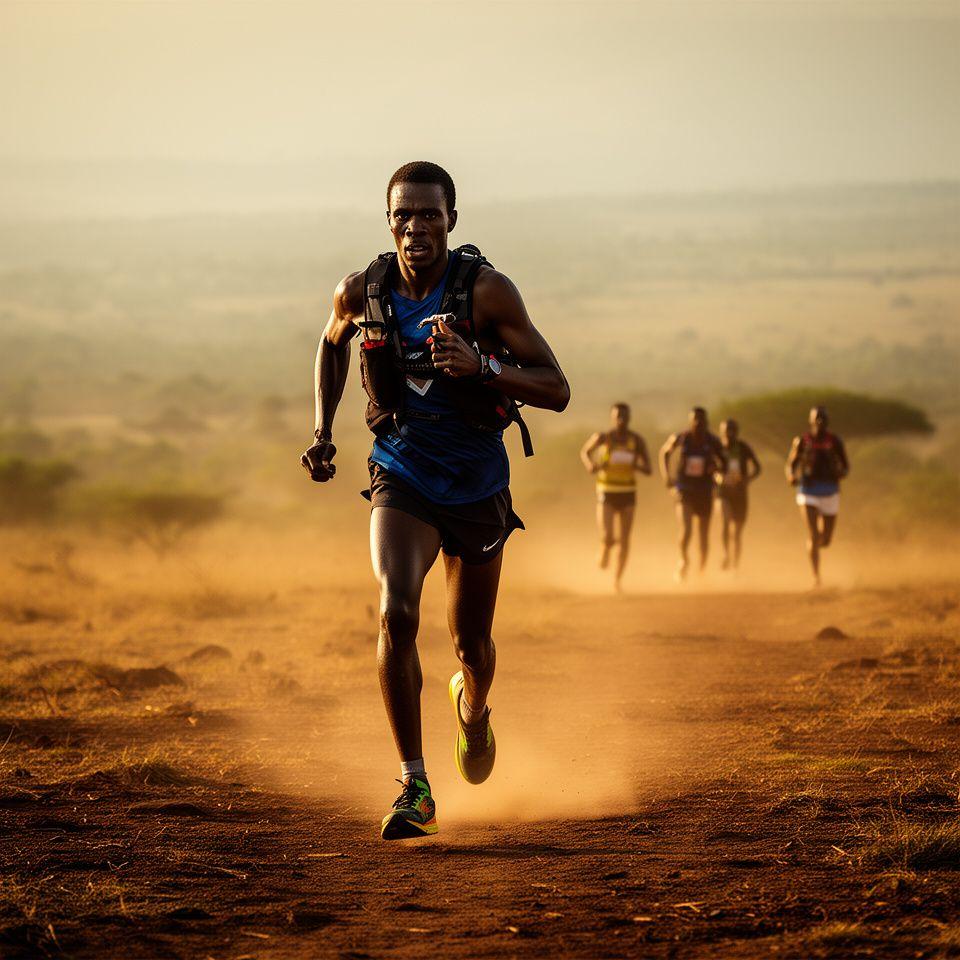 Ultramarathonläufer auf einer staubigen Hochebene in Kenia mit ernster Fokussierung und Trainingsgruppe im Hintergrund