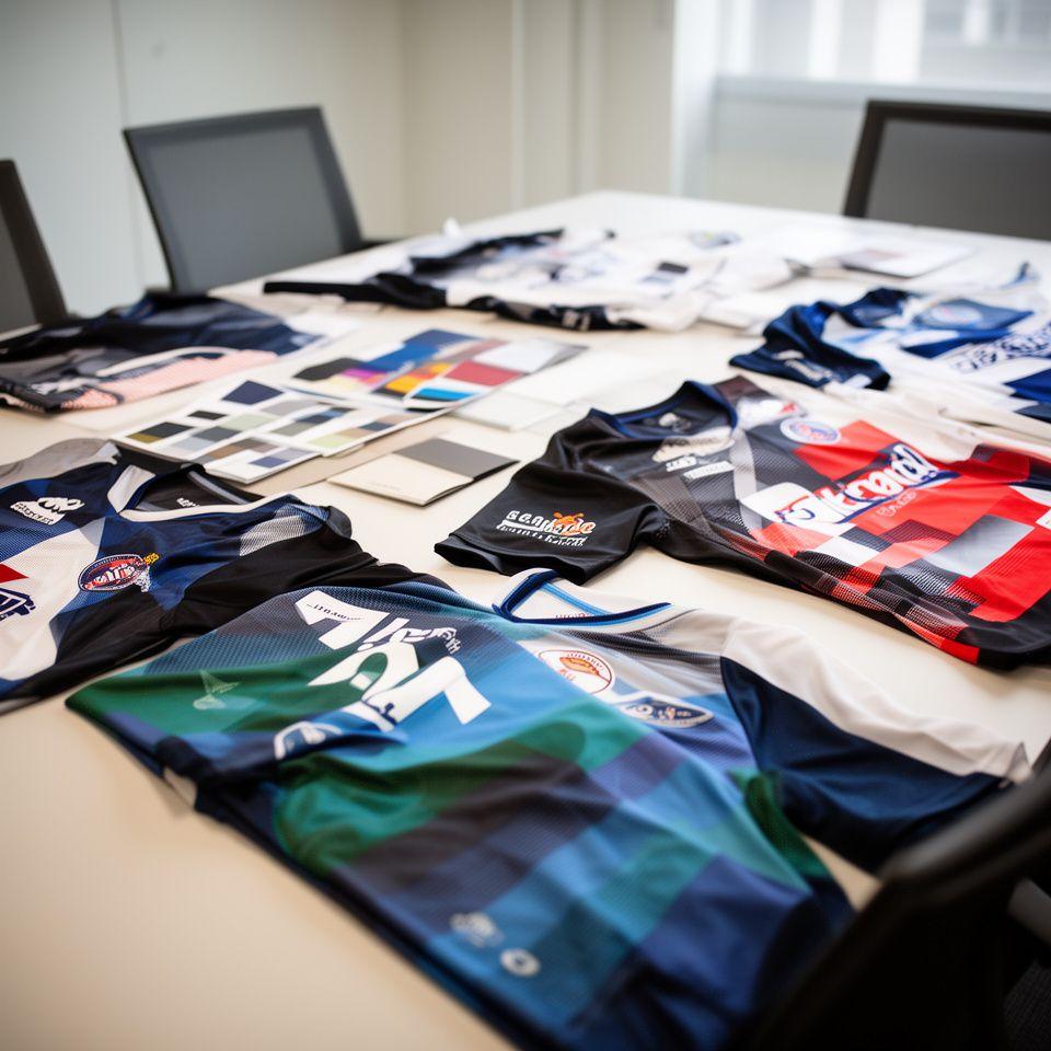 Sportvereins-Logos und Trikots in einem hellen Besprechungsraum mit Materialmustern auf dem Tisch