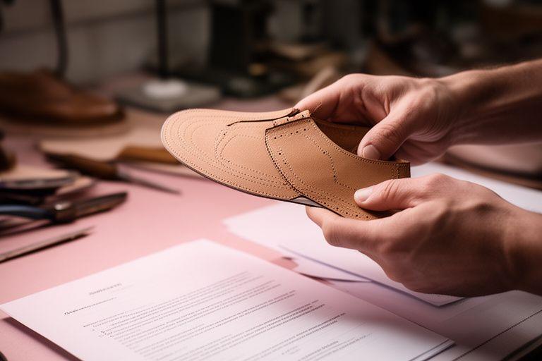 Hands holding a leather shoe pattern beside contract papers in a Zurich workshop