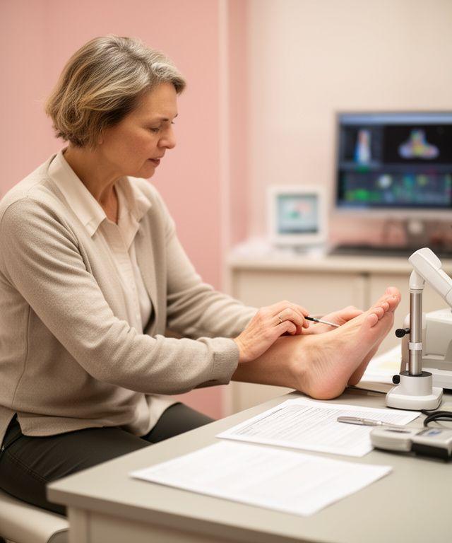 Ein Patient mit orthopädischen Schuhen sitzt in einer Zürcher Beratungsumgebung mit Fussanalyse-Unterlagen